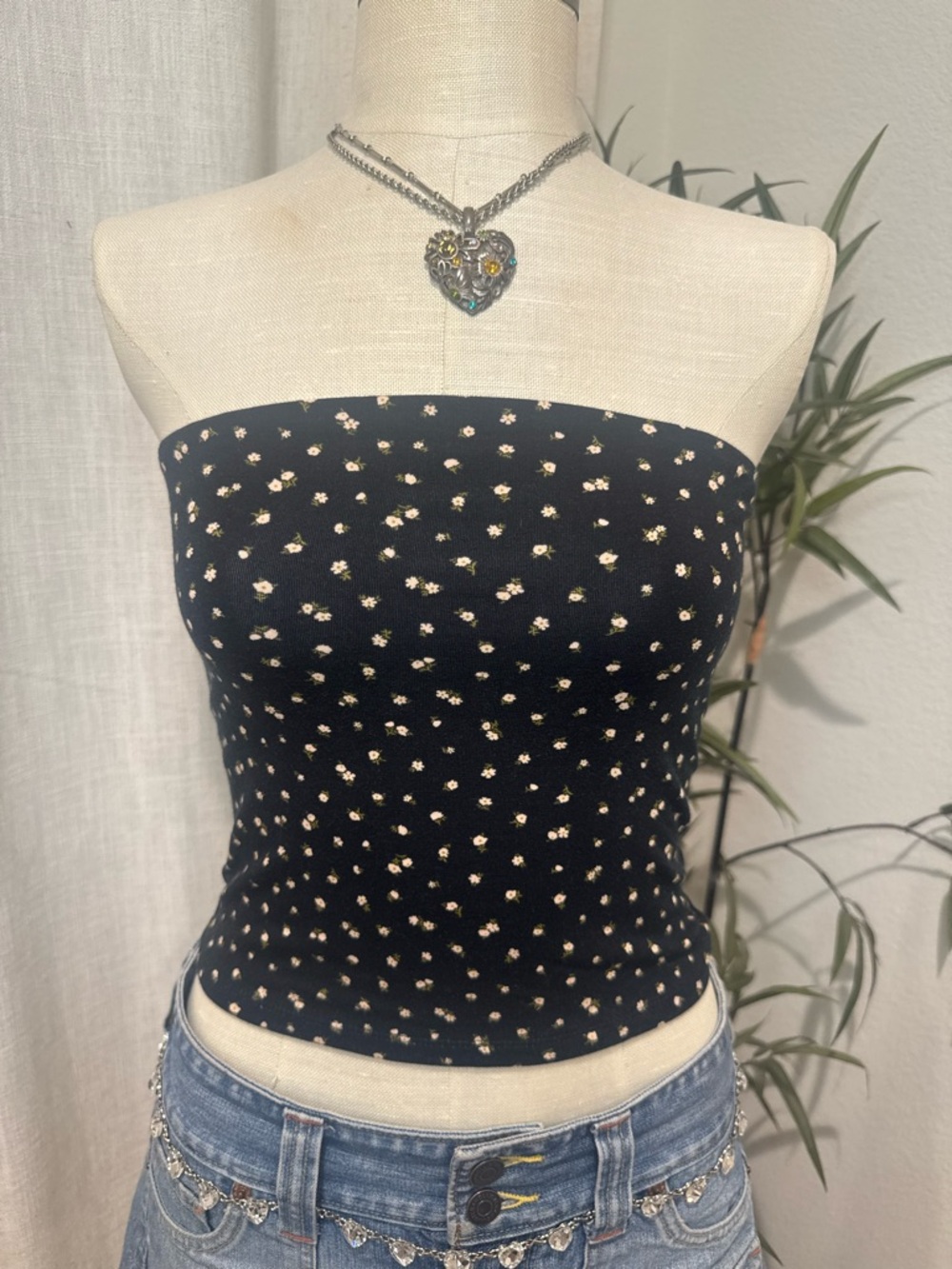 Black Floral Strapless Tube Top - Unbranded